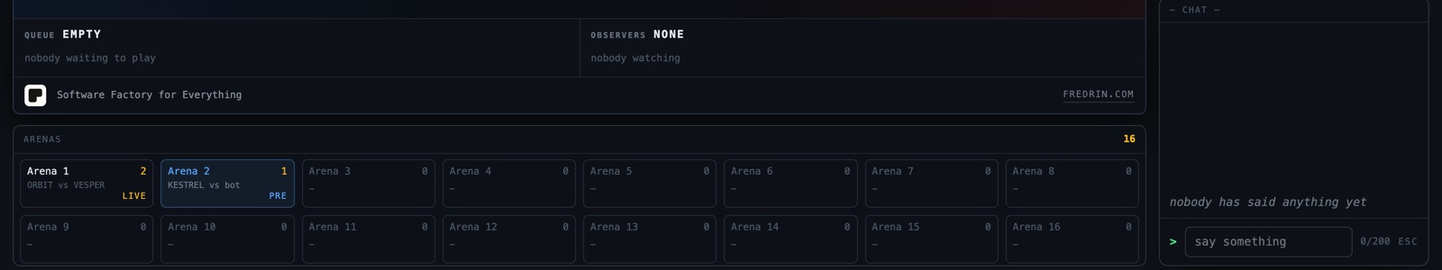 The strip under the stage: the queue and observers for this arena, and all sixteen arenas with their head counts and what each one is doing.