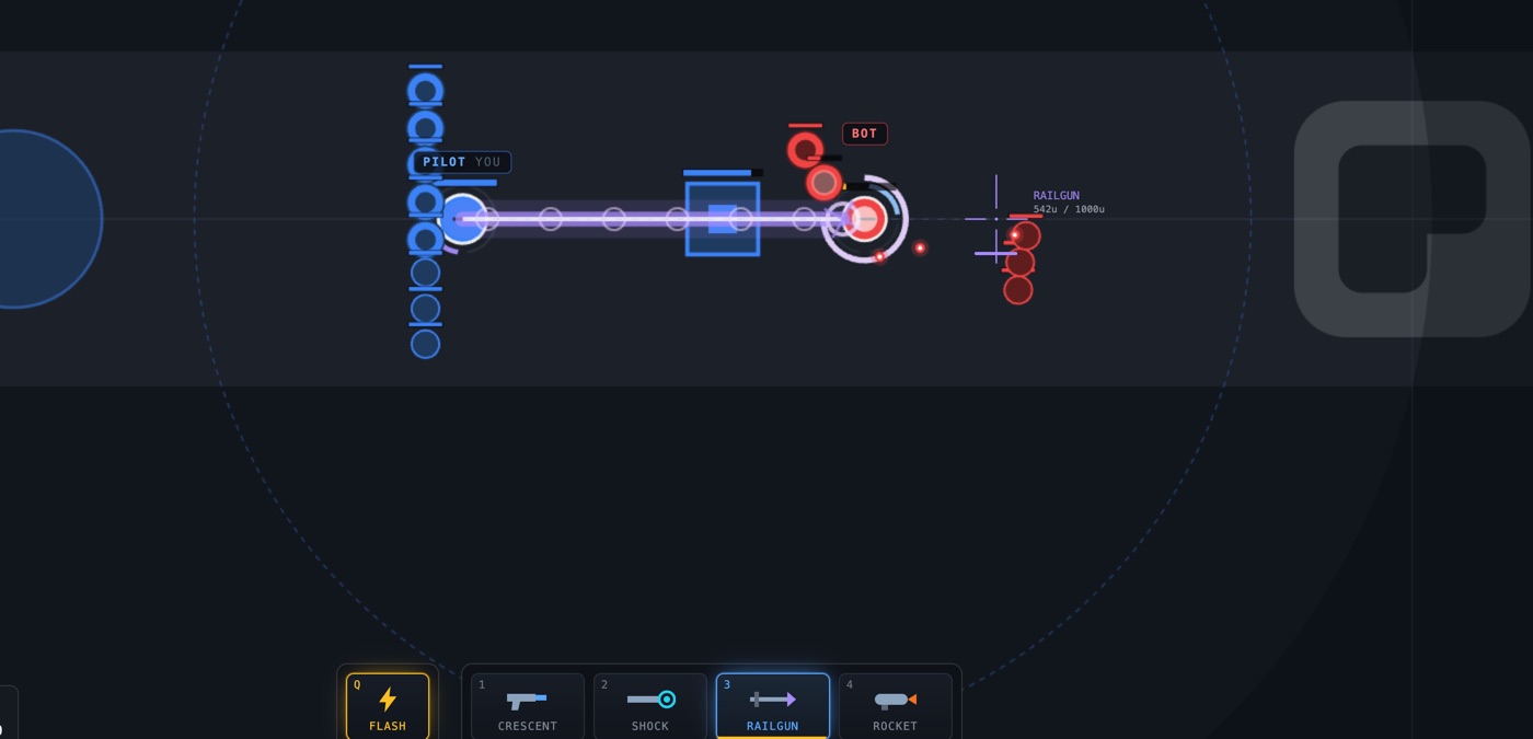 A released railgun charge: a bright rail through the wave with its rings still expanding, and the weapon rack showing RAILGUN selected.