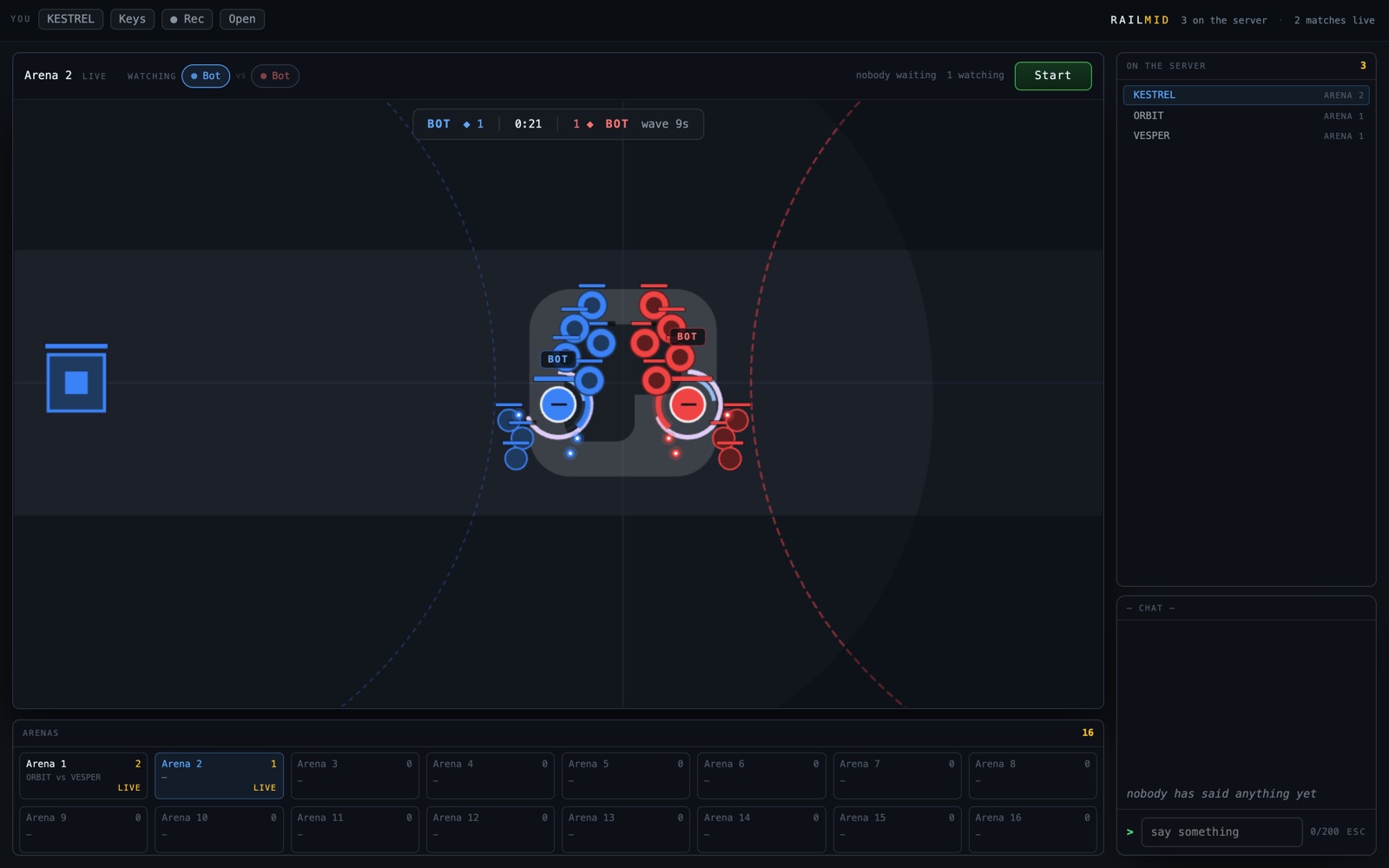 The lobby: a live match on the stage with two creep waves meeting mid-lane, a picker naming both champions, the sixteen arenas along the bottom, and the roster and chat down the right.