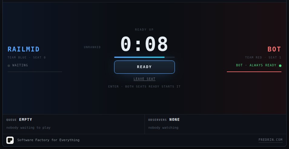The pre-game screen: two seats, a ready-up clock, and a row across the bottom carrying a sponsor's mark, tagline and web address.